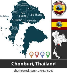 Map of Chonburi province with districts and location on Thai map. Vector image