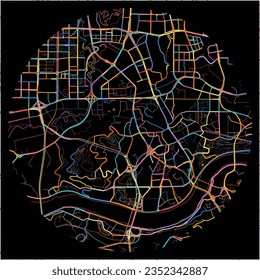 Map of Chongqing with all major and minor roads, railways and waterways. Colorful line art on black background.