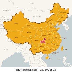 Map of Chongqing province, China, with country border, name, and capital