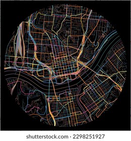 Map of Cincinnati, Ohio with all major and minor roads, railways and waterways. Colorful line art on black background.