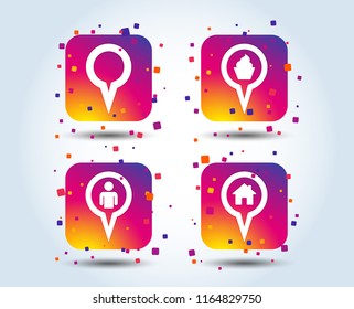 Map circle pointer icons. Home, food and user location symbols. Restaurant and cupcake signs. You are here. Colour gradient square buttons. Flat design concept. Vector
