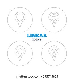 Map circle pointer icons. Home, food and user location symbols. Restaurant and cupcake signs. You are here. Linear outline web icons. Vector
