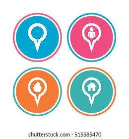 Map circle pointer icons. Home, food and user location symbols. Restaurant and cupcake signs. You are here. Colored circle buttons. Vector