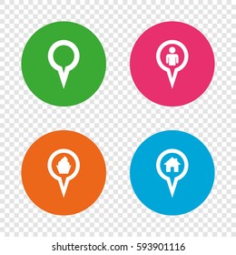 Map circle pointer icons. Home, food and user location symbols. Restaurant and cupcake signs. You are here. Round buttons on transparent background. Vector