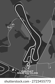 Mapa de la pista de carreras del Circuit Mas du Clos. La pista está delineada en blanco y serpentea a través de un paisaje de diferentes tonos de gris, que representan diferentes terrenos.