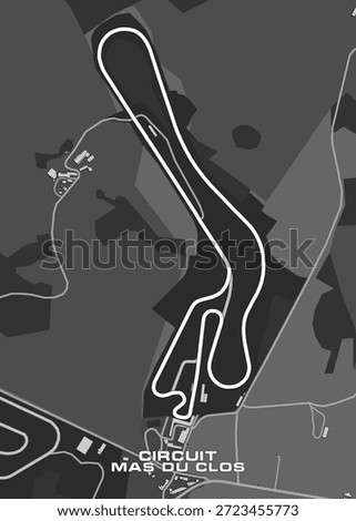 Map of the Circuit Mas du Clos race track. The track is outlined in white and winds through a landscape of varying shades of gray, representing different terrains.