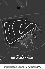 Mapa do circuito de Alcarras. A faixa em si é destacada em branco, contrastando com o fundo cinza mais escuro que representa o terreno circundante.