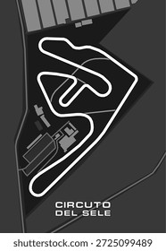 Mapa de la pista de carreras del Circuito del Sele. La pista se representa como una gruesa línea blanca que serpentea a través de un paisaje gris oscuro.