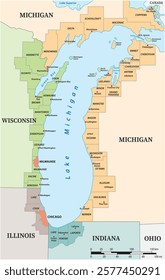 Map of the cities and counties on Lake Michigan, United States