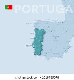 Map of cities and roads in Portugal.