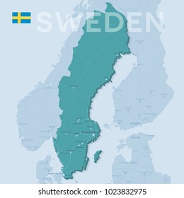 Map of cities and roads in Sweden.