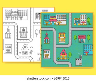 Map of city with different buildings, road and trees. Seamless pattern in black and white and color