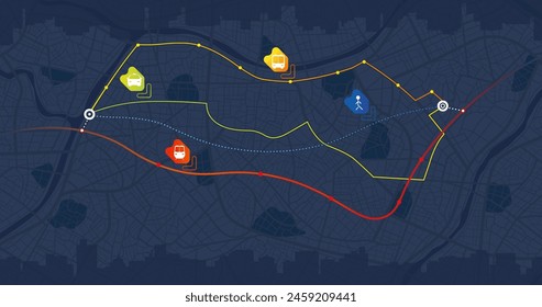 Map of city with different types of transportation. Plan your trip around town to destination. Navigate the city. Vector illustration