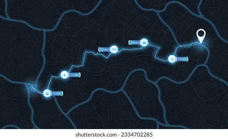 Map city with gps pins. Direction markers for navigation. Street, road, park, river on plan town. Background with location system. Urban map with pointers, signs, arrows for travel. Vector