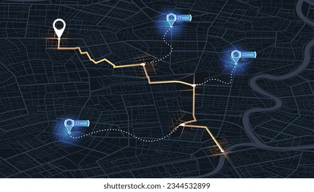Map city with gps pins. Direction markers for navigation. Street, road, park. Destinations sing along the path. Alternative way with location system. Urban map with pointers. Vector, Black background