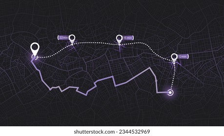 Map city with gps pins. Direction markers for navigation. Street, road, park. Destinations sing along the path. Alternative way with location system. Urban map with pointers. Vector, Black background