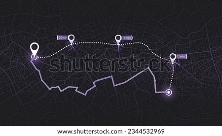 Map city with gps pins. Direction markers for navigation. Street, road, park. Destinations sing along the path. Alternative way with location system. Urban map with pointers. Vector, Black background