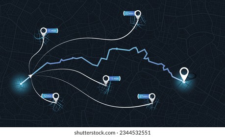 Map city with gps pins. Street, road,. Alternative way with location system. Urban map with pointers. Vector, Black background Urban map with information pointers, signs, arrows. Vector illustration.