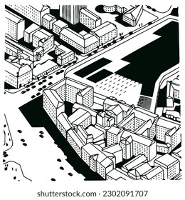 Map of the city with houses, streets and cars, top view in isometry. Vector drawing of EPS 10
