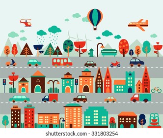  map city illustration, elements for infographic, icon, set, web, buildings, forest, airplane, hot air balloon, town, vector illustration, design