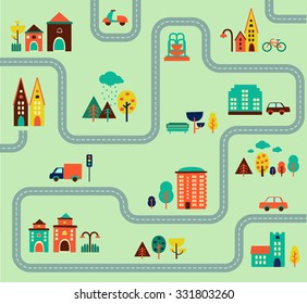  ilustración de la ciudad del mapa, elementos para infografía, icono, conjunto, web, edificios, bosque, coches, carretera, ilustración vectorial, diseño