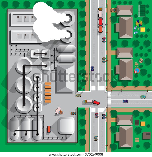 Map of the\
city with an industrial plant. View from above. Vector\
illustration. Applique with realistic\
shadows.