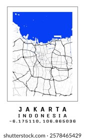 MAP OF THE CITY OF JAKARTA CONSISTING OF LAND, SEA, RIVER AND MAIN ROADS. JAKARTA CITY, THE CAPITAL OF INDONESIA.