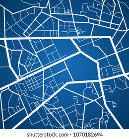 Map of the city, locality. White scheme on a blue background. GPS navigation, along the road and streets. Flat vector cartoon illustration.