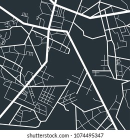 Map of the city, locality. White scheme on a black background. GPS navigation, along the road and streets. Flat vector cartoon illustration. Objects isolated on white background.