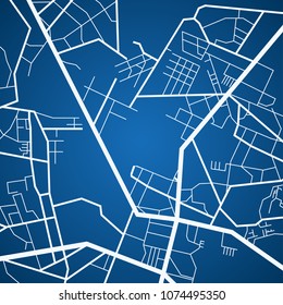 Map of the city, locality. White scheme on a blue background. GPS navigation, along the road and streets. Flat vector cartoon illustration.