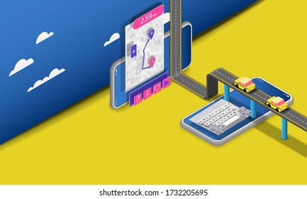 Map of the city in the mobile application and the taxi cars. Vector banner