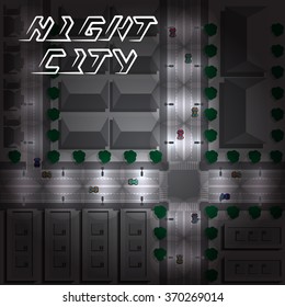 Map of the city at night with streets and houses. View from above. Vector illustration. Applique with realistic shadows.