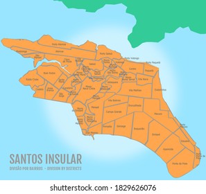 Map of the city of Santos insular. Division by neighborhood or district.