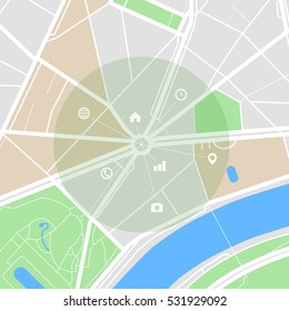 Map of the city with streets, parks and pond. Flat design abstract vector illustration.