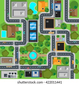 Map of city top view design flat. Map suburban settlement with private houses, narrow roads with cars and natural park design flat. Cars drive on sleeping residential district. Vector illustration