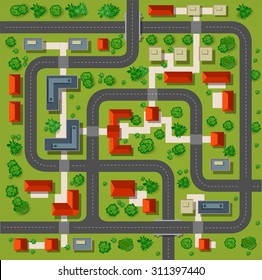 Map City Of A Top View From The Rooftops, Town Street, Trees And Highways