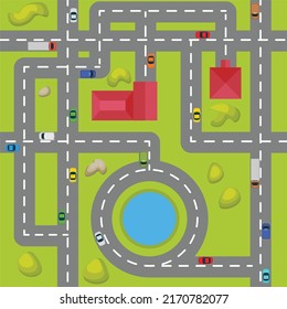 Mapa de la vista superior de la ciudad sin problemas. Mapa de asentamientos suburbanos con casas privadas, carreteras estrechas con coches y diseño de parques naturales. Los autos conducen en el durmiente distrito residencial. 