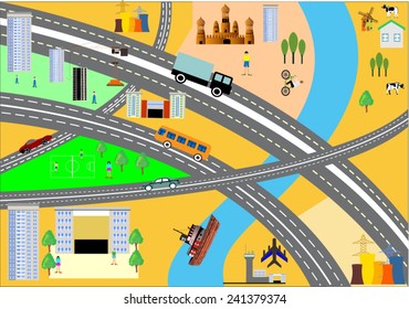 Map of the city vector with different objects