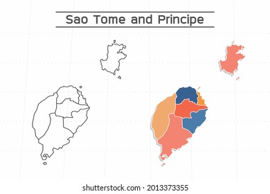 São Tomé and Príncipe map city vector divided by colorful outline simplicity style. Have 2 versions, black thin line version and colorful version. Both map were on the white background.