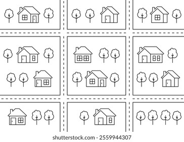 Map of city, village, childish line graphic pattern with street road, house. Neighborhood. City landscape, top view. Kids seamless background, play mat for children. Coloring. Vector line illustration