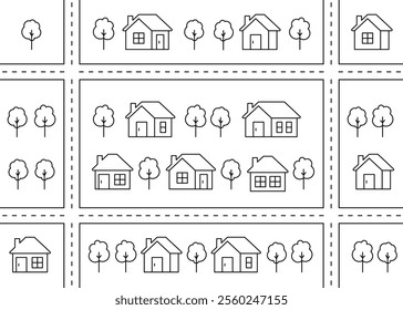 Map of city, village, childish line graphic pattern with street road, house. Neighborhood. City landscape, top view. Kids seamless background, play mat for children. Coloring. Vector line illustration