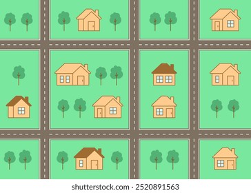 Karte von Stadt, Dorf, kindlichem Muster mit Straße, Haus und Straße. Nachbarschaft. Straßenbau auf Stadtlandschaft, Draufsicht. Kinderhintergrund, Spielmatte für Kinder. Flache Vektorgrafik