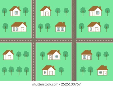 Mapa da cidade, aldeia, padrão infantil com rua, casa e estrada. Vizinhança. Edifício de rua na paisagem da cidade, vista de cima. Fundo de crianças, tapete de brincar para crianças. Ilustração em plano vetorial