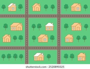 Karte von Stadt, Dorf, kindischen nahtlosen Muster mit Straße, Haus, Straße. Nachbarschaft. Straßenbau im Stadtraum, Draufsicht. Kinderhintergrund, Spielmatte für Kinder. Flache Vektorgrafik