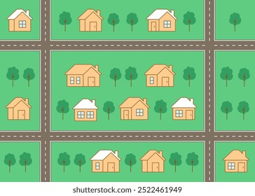 Karte von Stadt, Dorf, kindischen nahtlosen Muster mit Straße, Haus, Straße. Nachbarschaft. Straßenbau im Stadtraum, Draufsicht. Kinderhintergrund, Spielmatte für Kinder. Flache Vektorgrafik