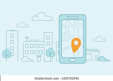 Map of the city in your mobile phone. Finding a path on the map. Navigator. Simple line. Vector illustration.