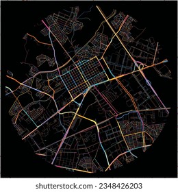 Map of CiudadApodaca, Nuevo León with all major and minor roads, railways and waterways. Colorful line art on black background.