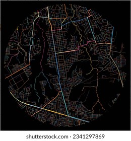 Map of CiudadBolivar with all major and minor roads, railways and waterways. Colorful line art on black background.