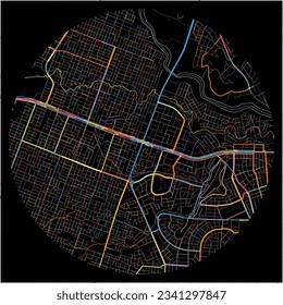 Map of CiudaddelEste with all major and minor roads, railways and waterways. Colorful line art on black background.