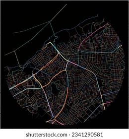 Map of CiudadGuayana with all major and minor roads, railways and waterways. Colorful line art on black background.